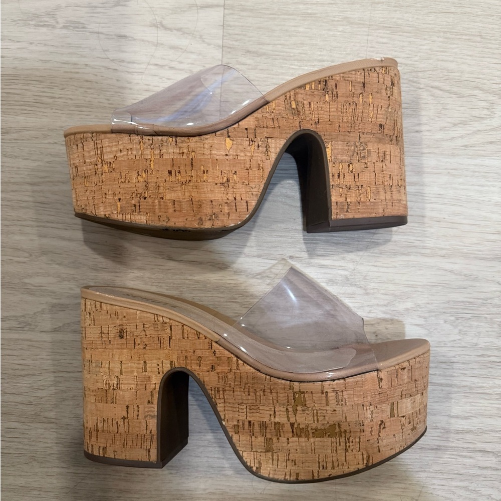 SCHULTZ Clear Cork Platform Mules